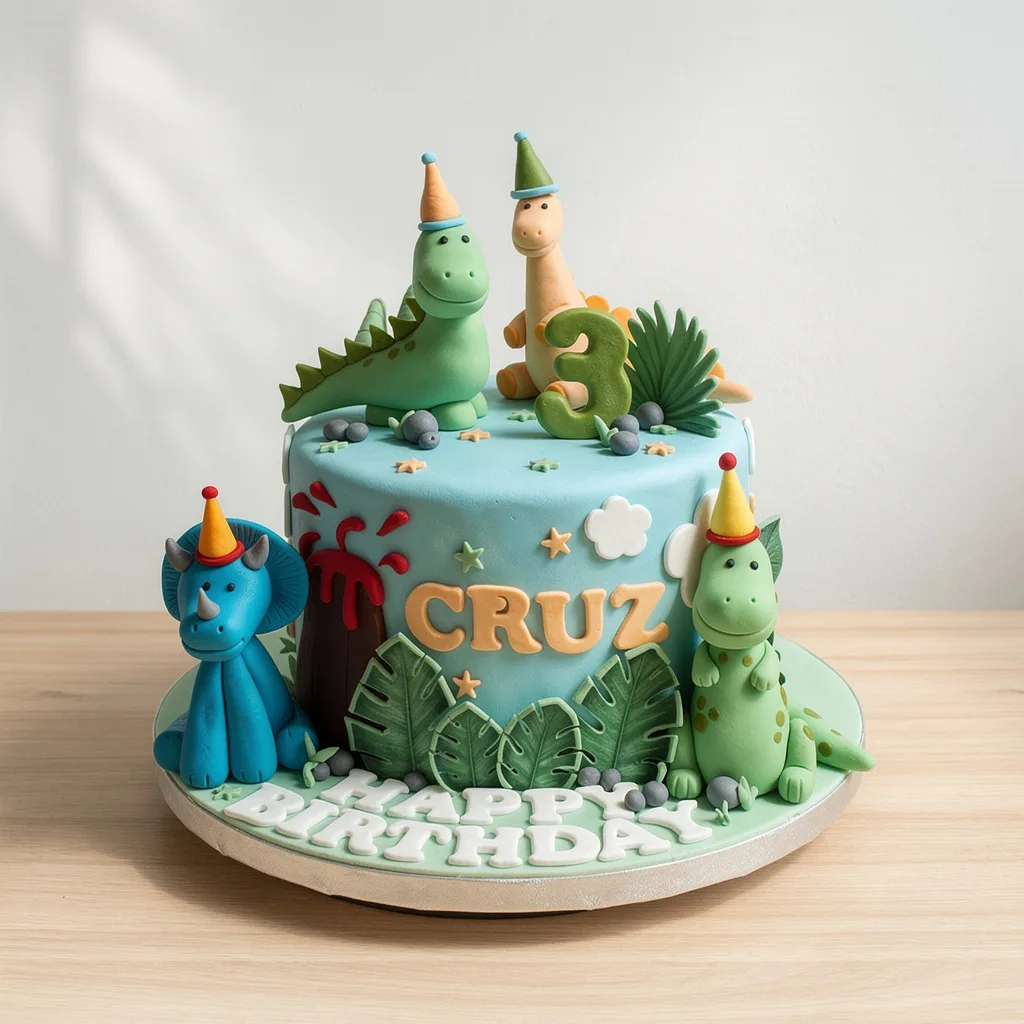 Blue and green dinosaur themed birthday cake with four dinosaurs and tropical leaves