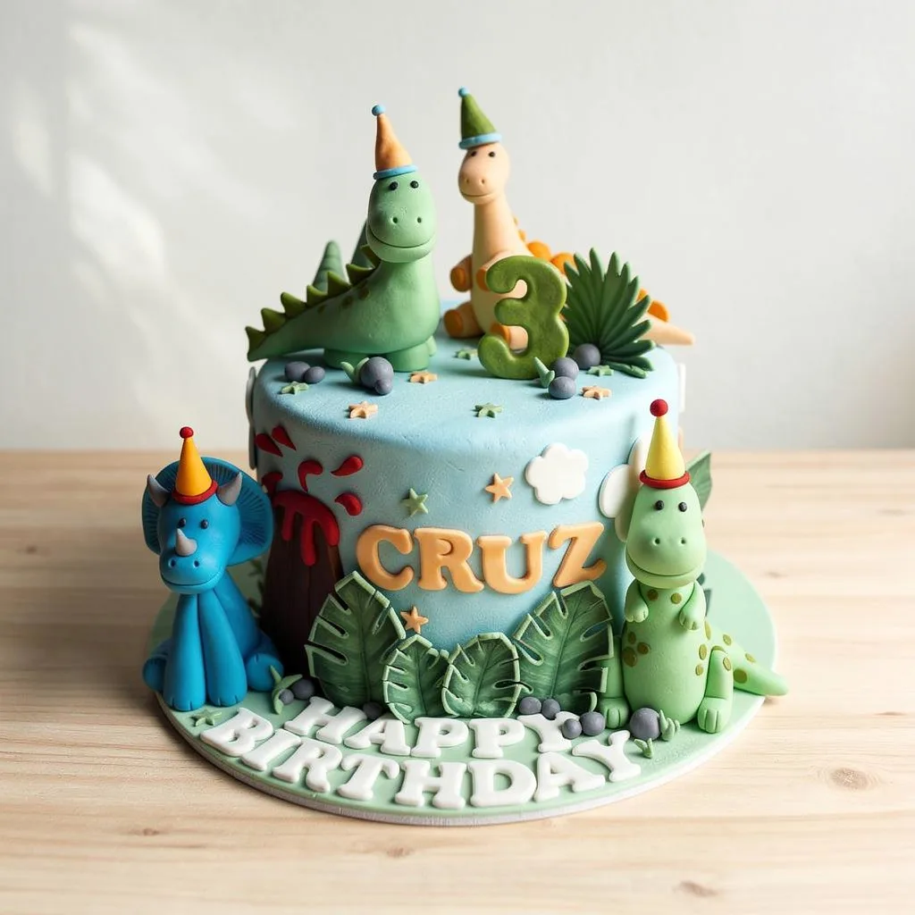 Round blue birthday cake decorated with four colorful dinosaur figures and green leaves
