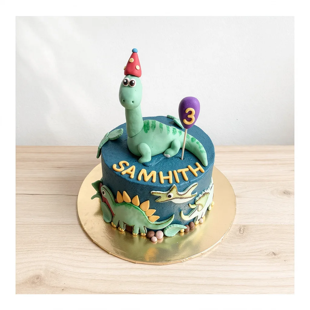 Blue cake decorated with fondant dinosaurs and a green dinosaur wearing a party hat on top