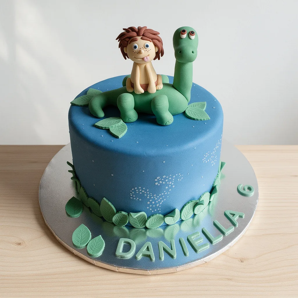 Blue birthday cake with green fondant leaves and a fondant figure of a child sitting on a green dinosaur
