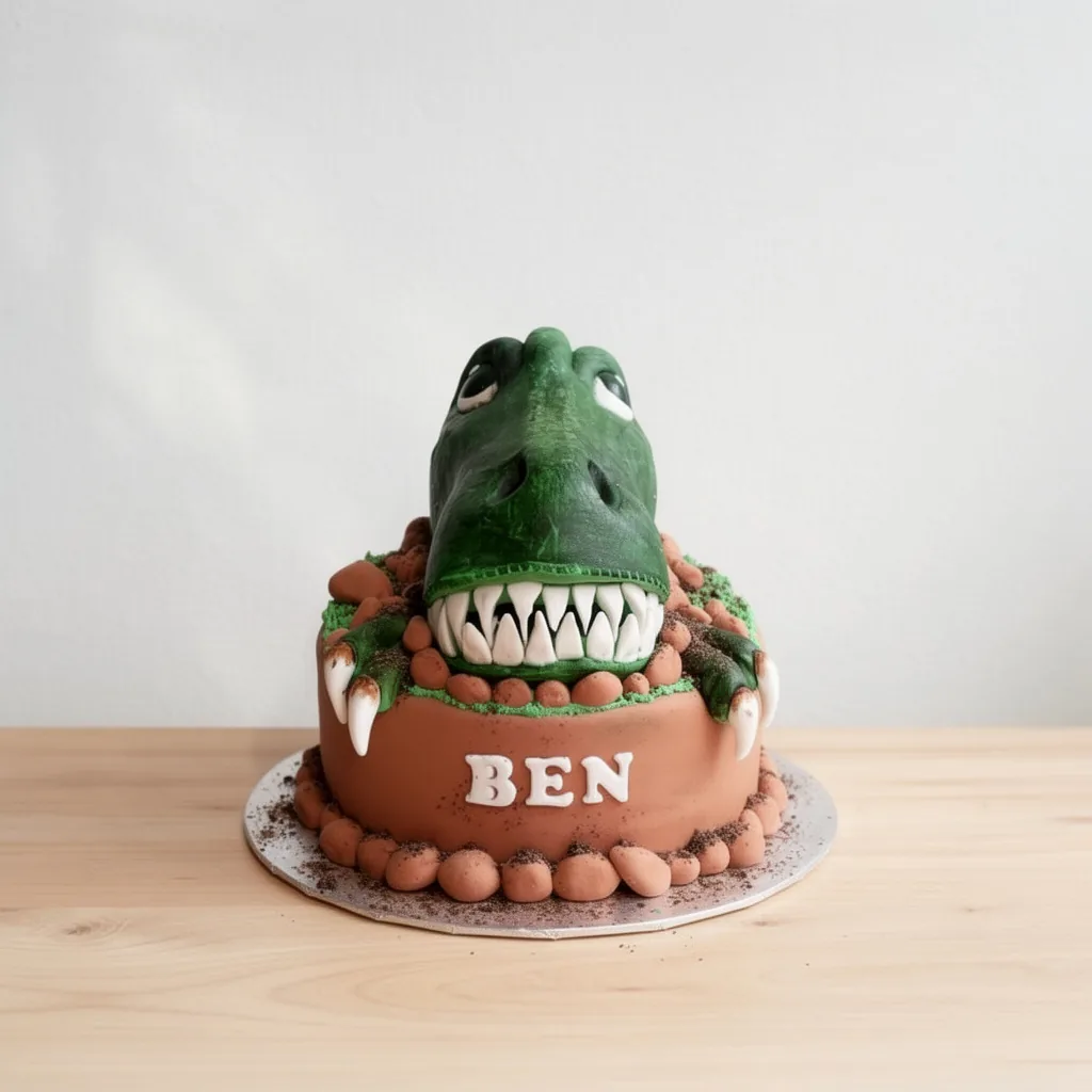 Brown cake with realistic green dinosaur head and claws emerging from it