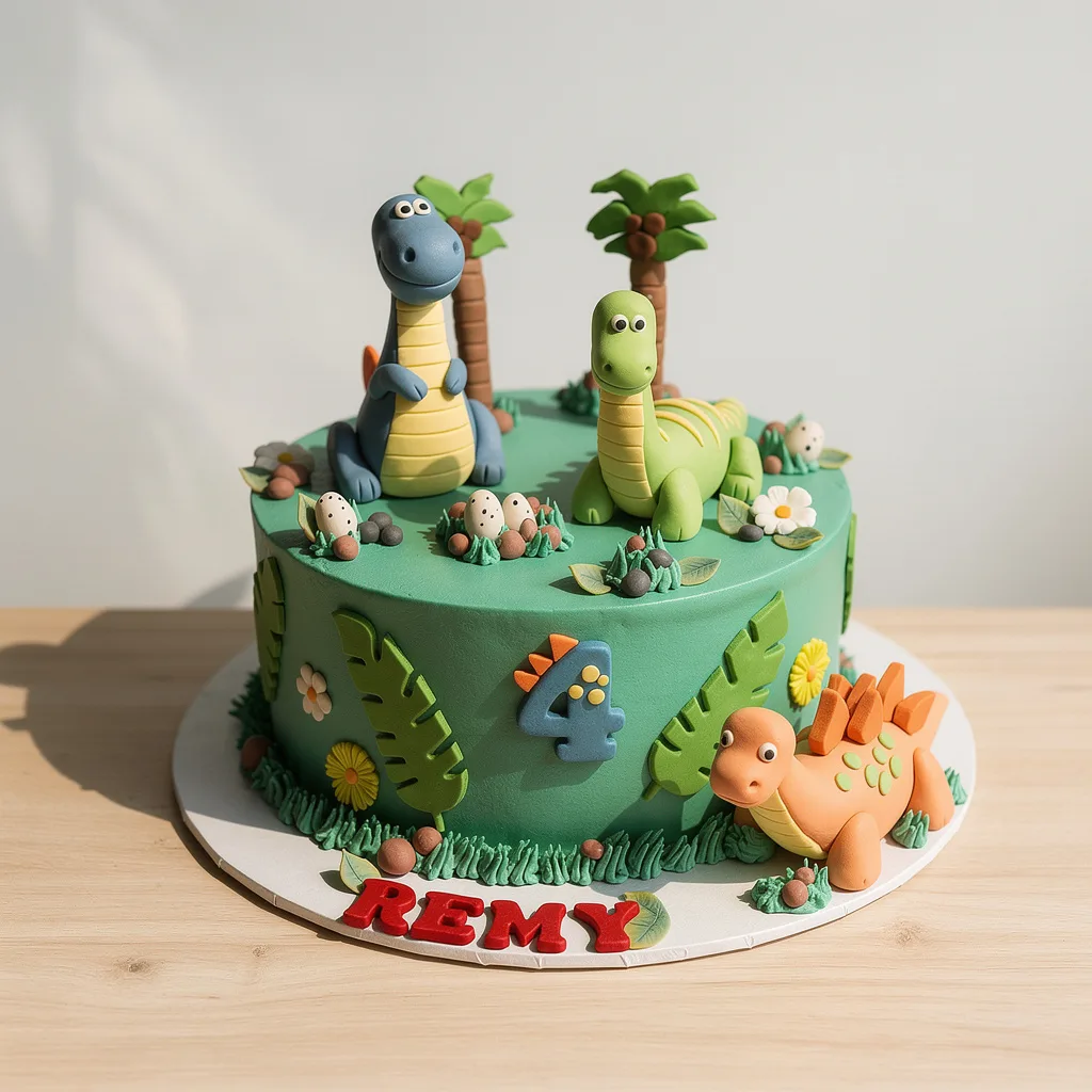 Round green cake decorated with three fondant dinosaurs, palm trees, and eggs for a child's birthday.