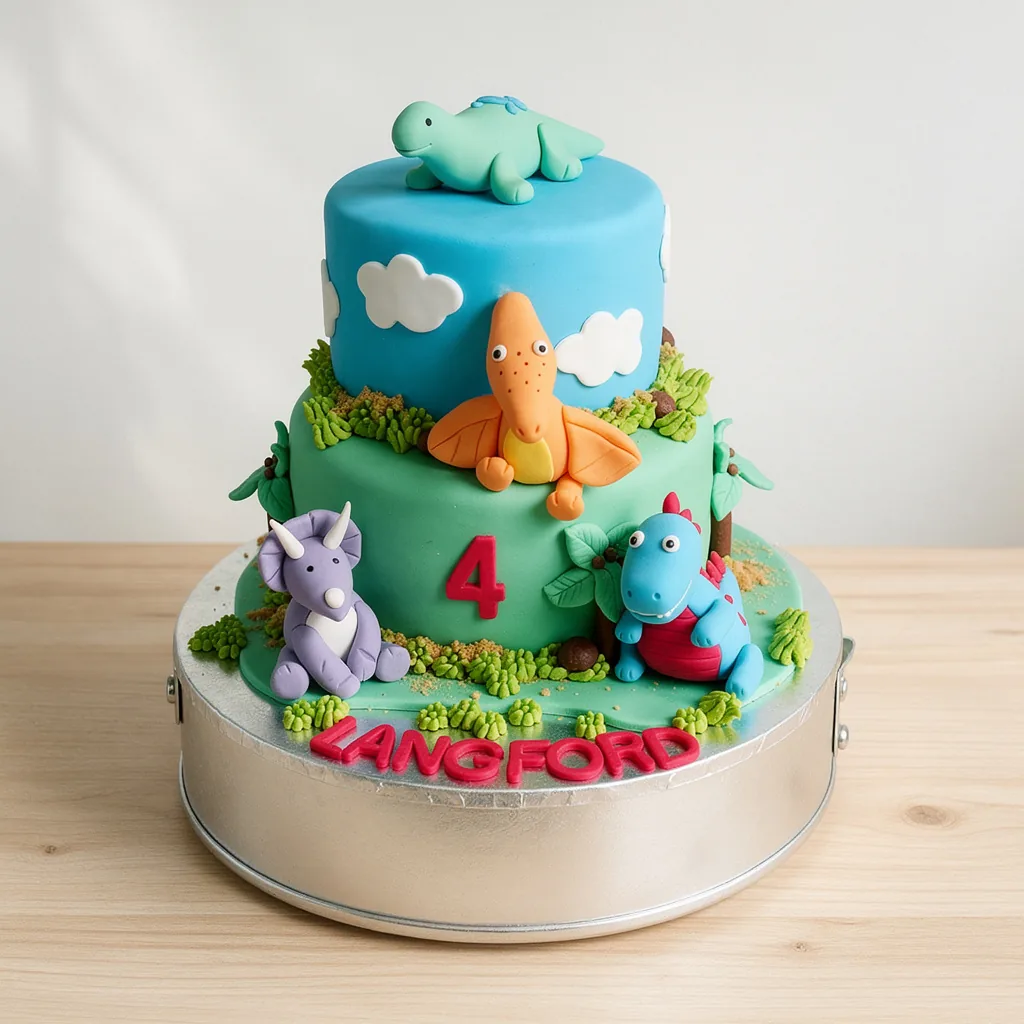 Two-tier blue and green dinosaur cake with fondant dino figures and clouds