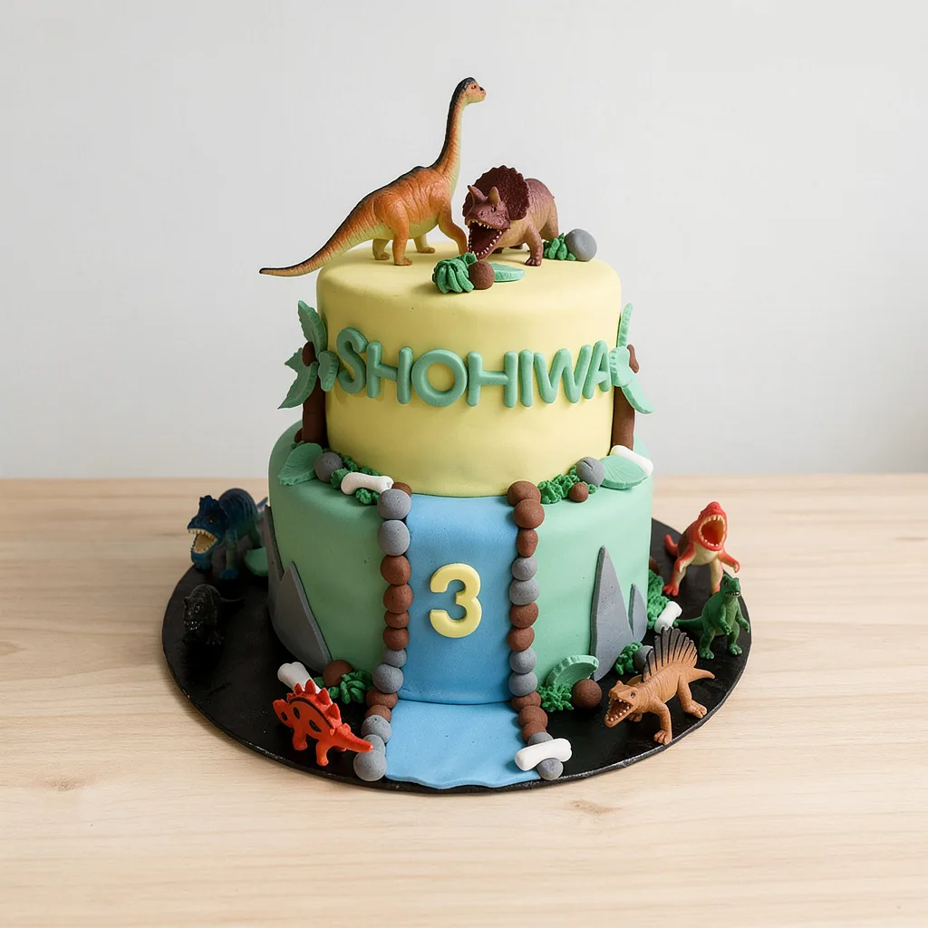 Two-tiered dinosaur-themed birthday cake with green and yellow fondant and toy dinosaur toppers