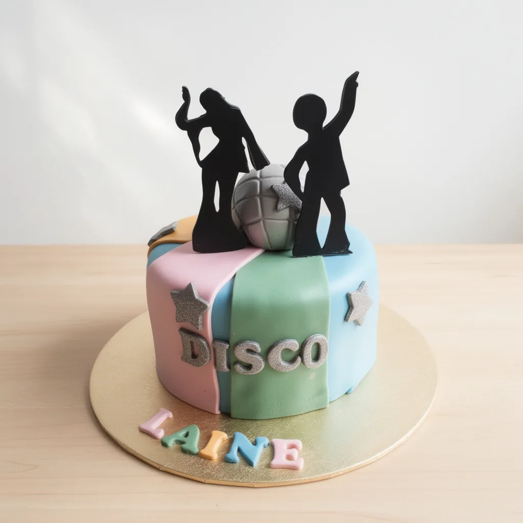 Round pastel disco-themed cake with silhouette dancers, silver stars, and a disco ball topper