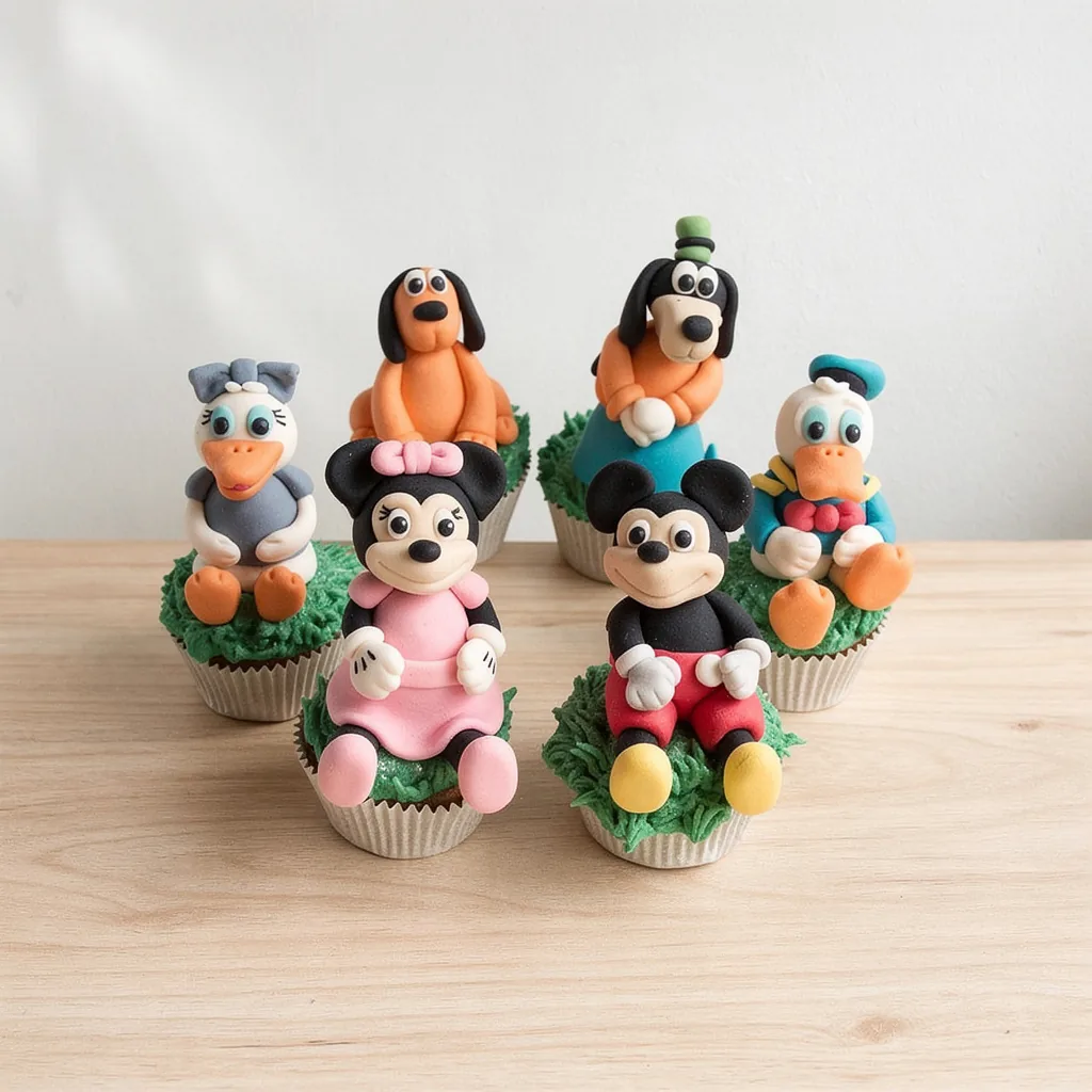 Six cupcakes with detailed fondant Disney character figures including Mickey, Minnie, Donald, Daisy, Pluto, and Goofy