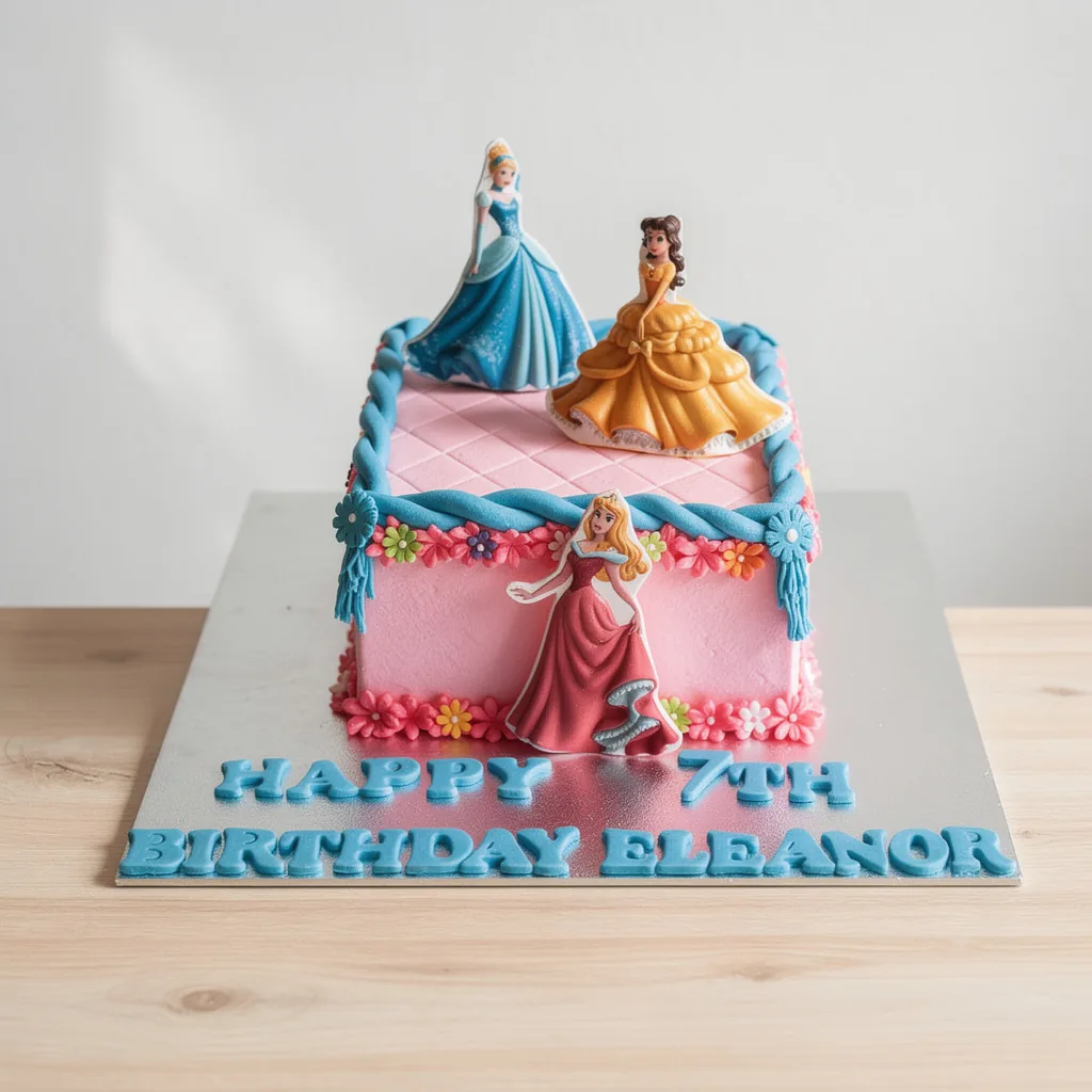 Pink Disney Princess birthday cake with Cinderella, Belle and Aurora decorations