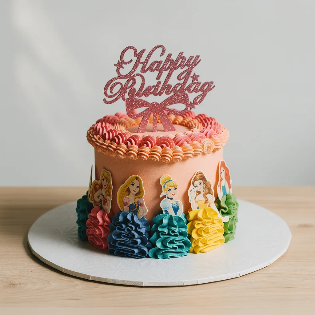 Round pink birthday cake with princess decorations and colorful frosting swirls