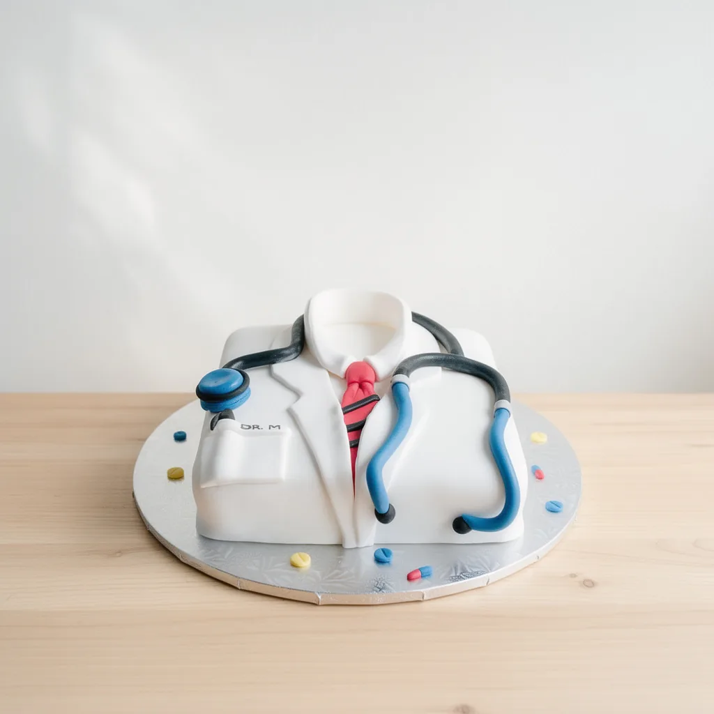 Cake shaped like a doctor's white coat with a red tie and a blue stethoscope on top.