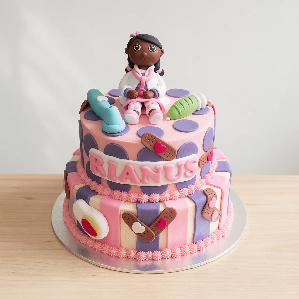 Two-tier pink and purple cake with a doctor figurine and medical-themed decorations
