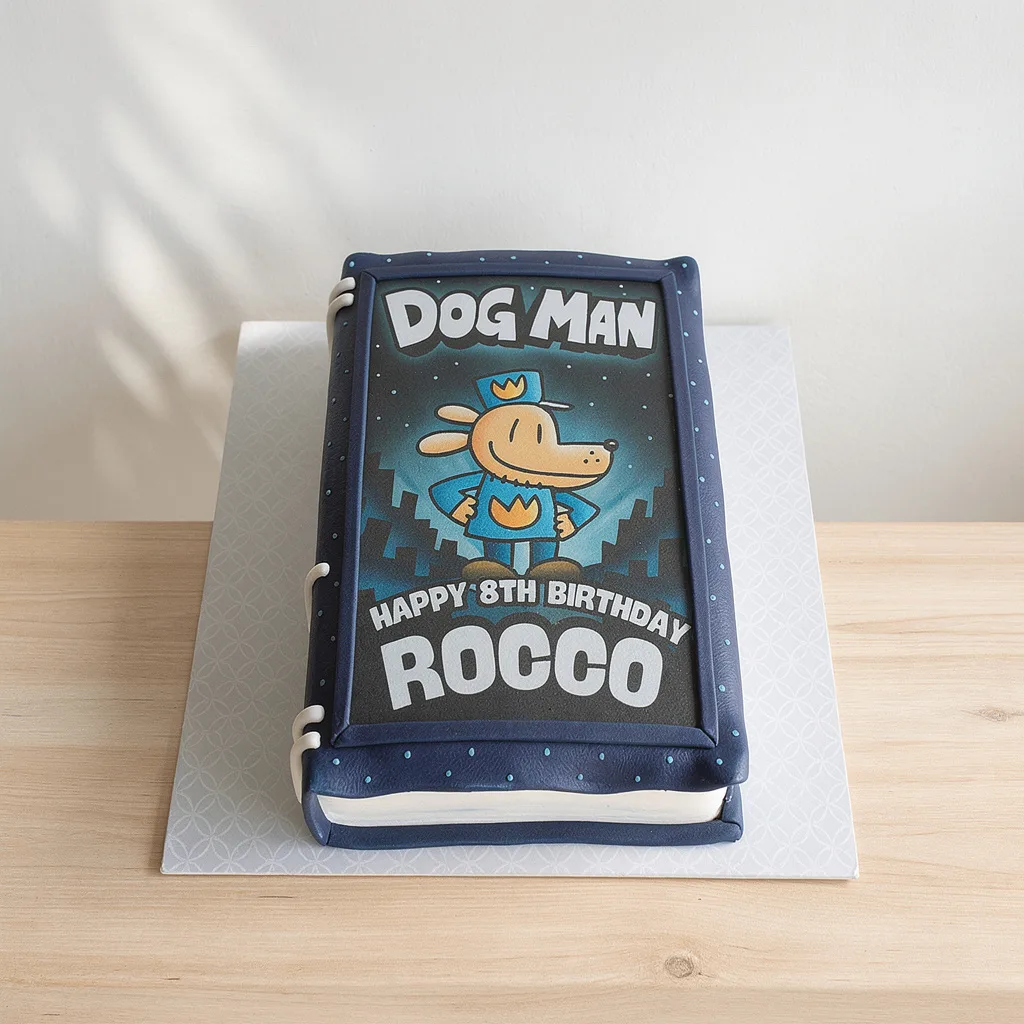 Cake shaped and decorated like Dog Man book cover with blue and black details