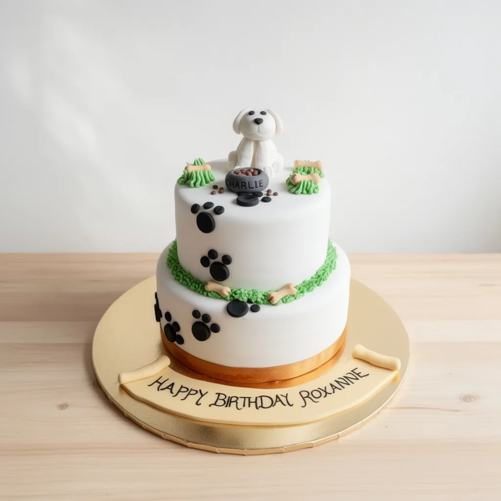 Two-tier white cake with fondant dog, paw prints, and dog bone decorations