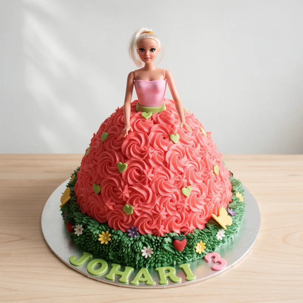 Cake shaped like a doll with a pink frosted dress and green and yellow floral decorations on a grass base