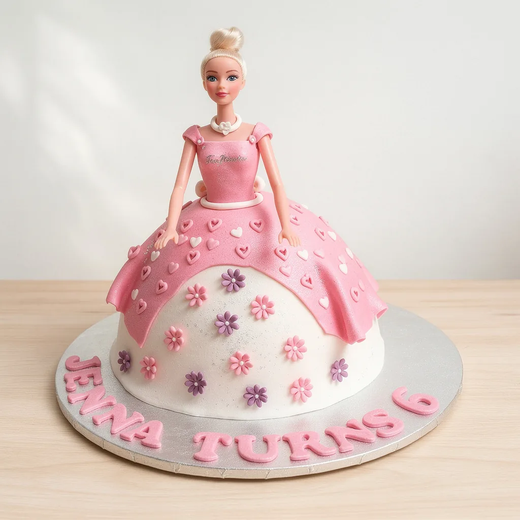 Pink doll cake with heart details and purple and pink flowers on white skirt