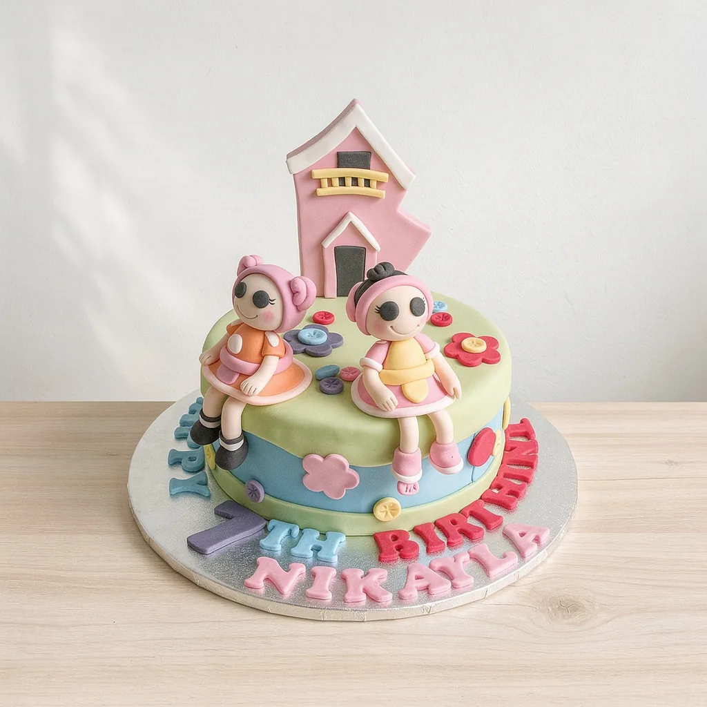 Pastel doll-themed birthday cake with two fondant figures, flowers and a pink house