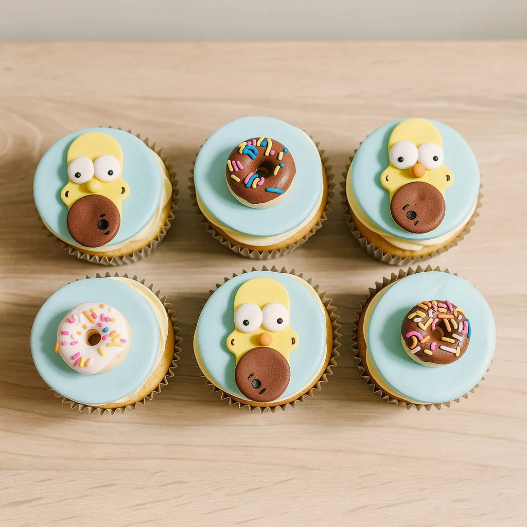 Set of six cupcakes with blue fondant tops, decorated with Homer Simpson faces and mini sprinkle-topped donuts.