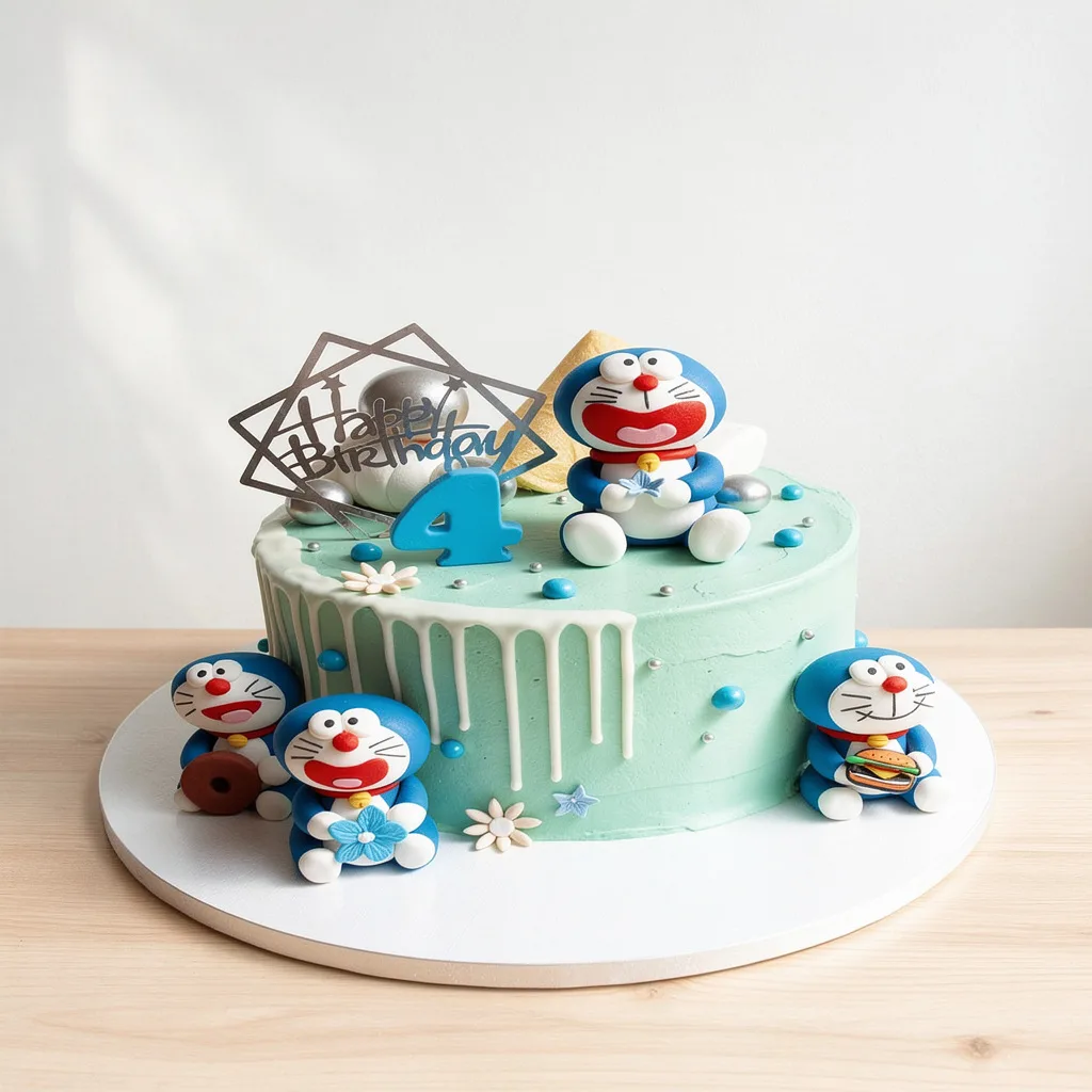 Round mint green birthday cake with white drip icing and four blue and white cartoon characters