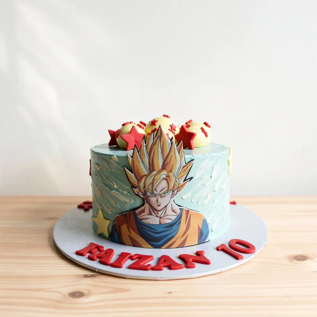 Blue frosted cake with yellow and red star decorations and a Dragon Ball Z character on the front
