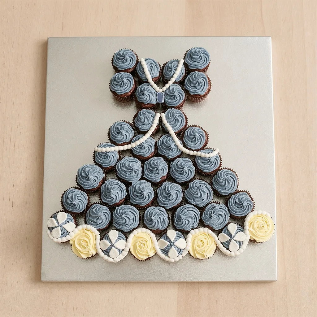 Cupcake arrangement shaped like a dress with blue, white, and yellow frosting decoration