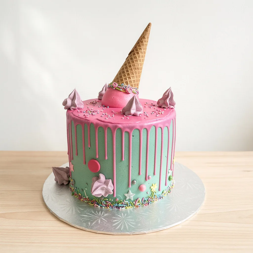 Green cake with bright pink drip icing and an upside-down ice cream cone on top decorated with pink meringue dollops and…