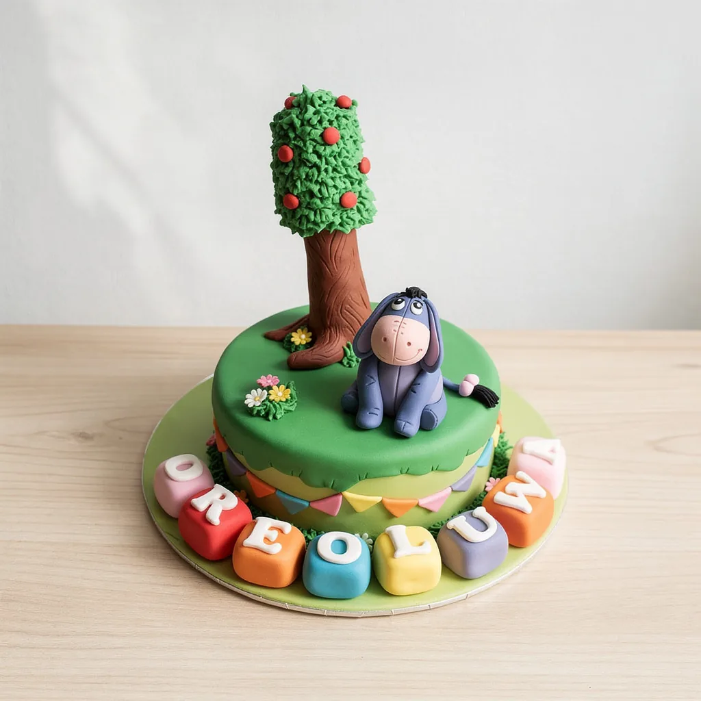 Green cake with a tree, a fondant figure of a grey donkey, and colorful blocks with letters