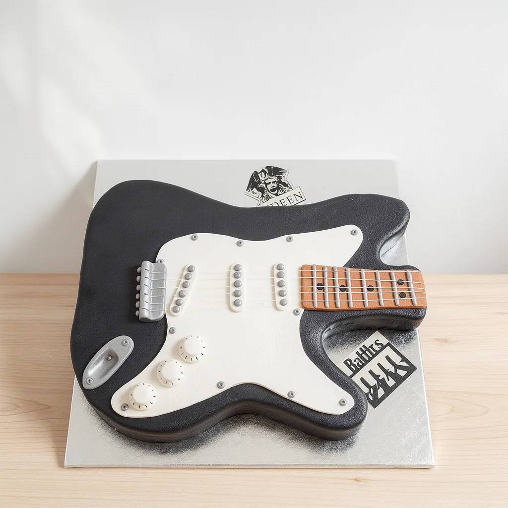 Black and white electric guitar shaped cake with realistic details and wooden fretboard