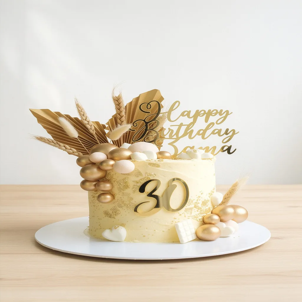 Creamy beige birthday cake decorated with golden balls, wheat spikes, and gold '30' topper.