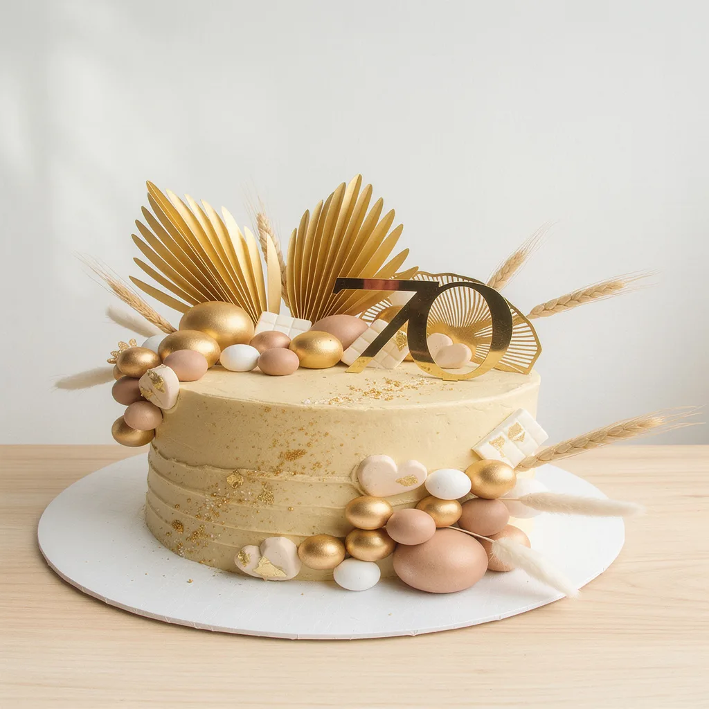 Round beige cake decorated with gold spheres, white and beige hearts, golden number 70 topper, and dried wheat stalks