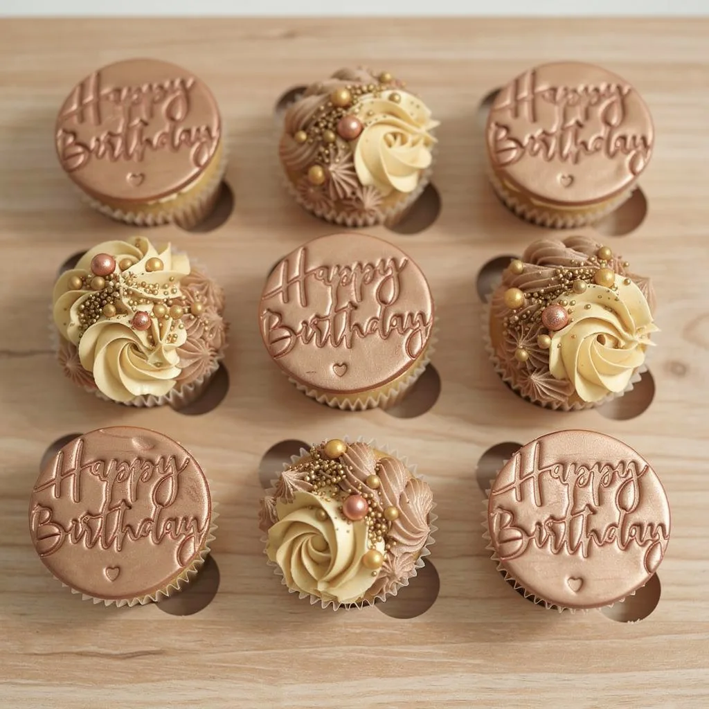 Set of nine birthday cupcakes decorated with rose gold fondant and cream swirls with gold and bronze sprinkles