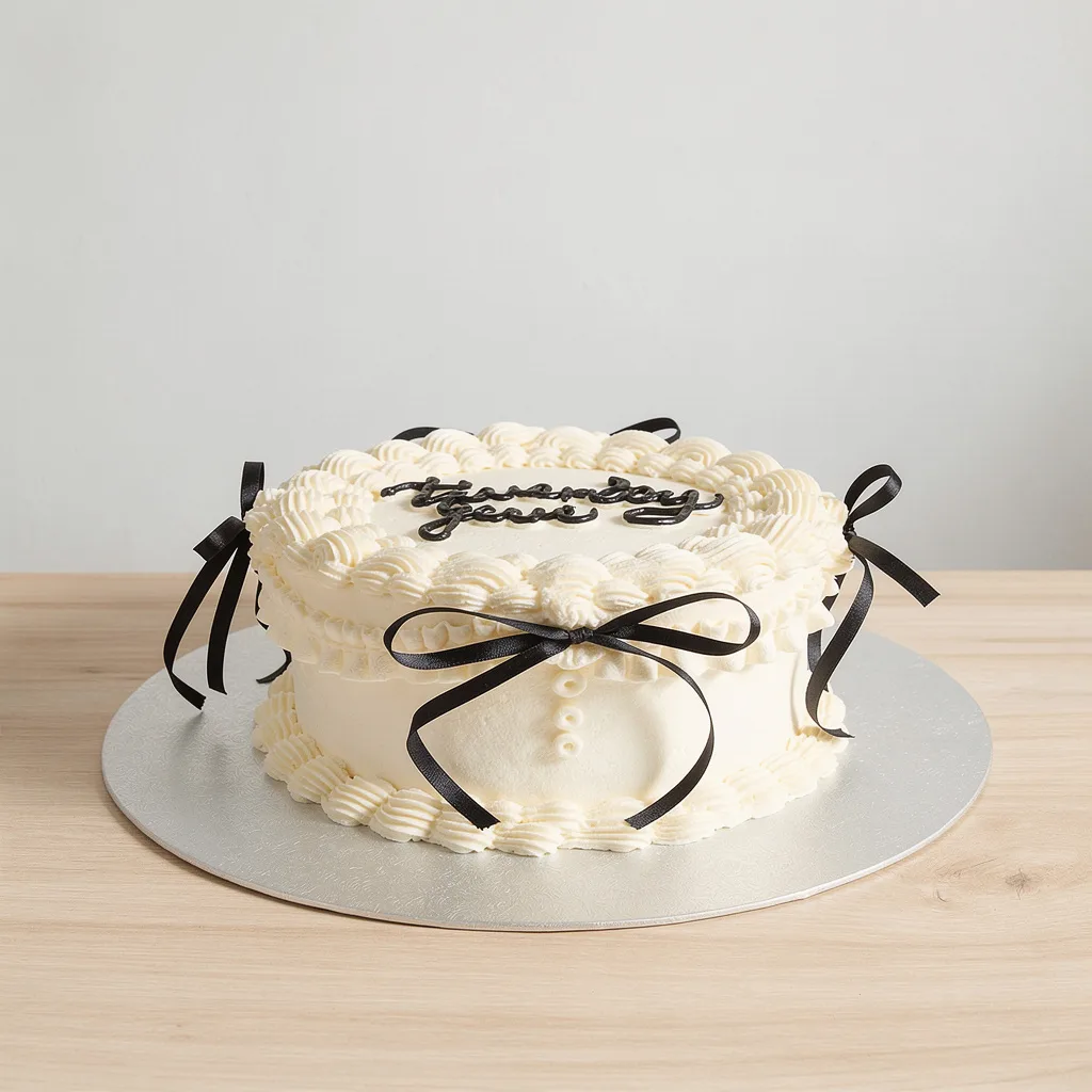 White round birthday cake with piped icing and black ribbon bows tied around the sides
