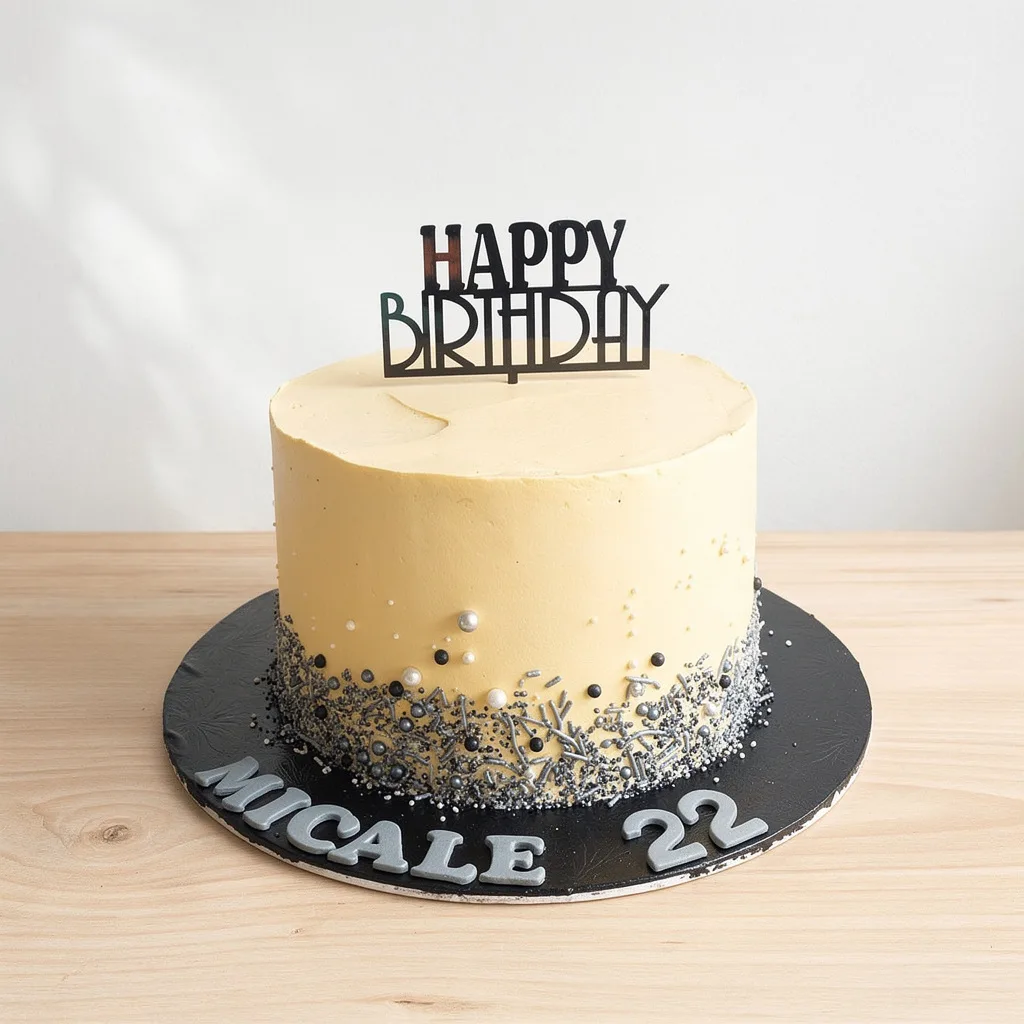 Cream-colored round birthday cake with black and silver sprinkles and a black Happy Birthday topper