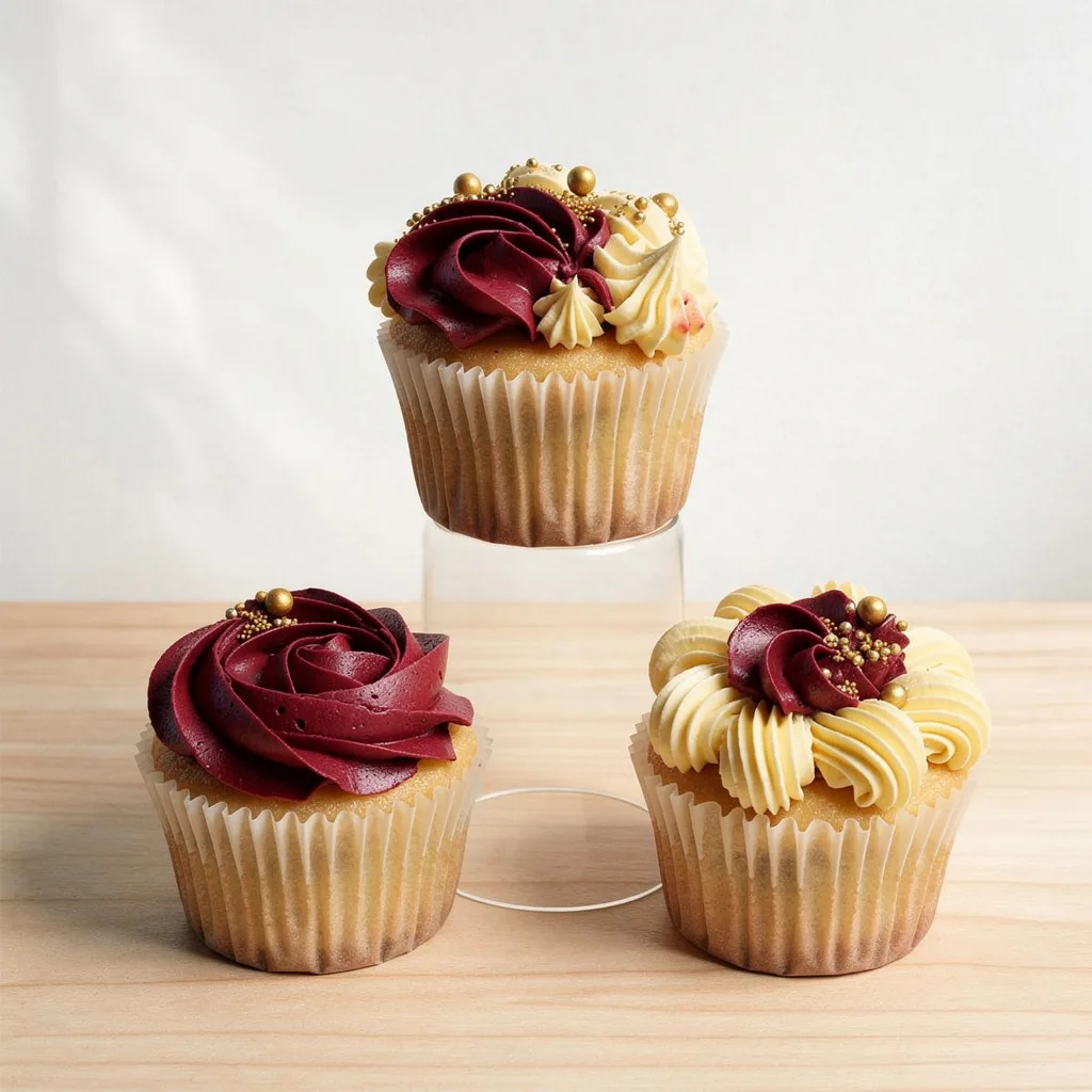 Three vanilla cupcakes with burgundy and cream swirl frosting and gold edible beads
