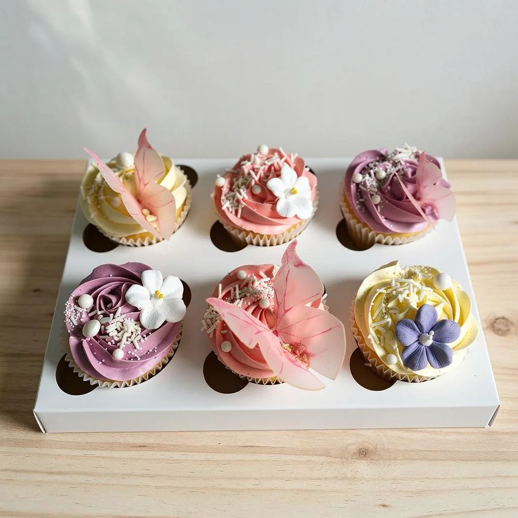 Box of six cupcakes with pastel floral decorations in cream, pink, and purple frosting