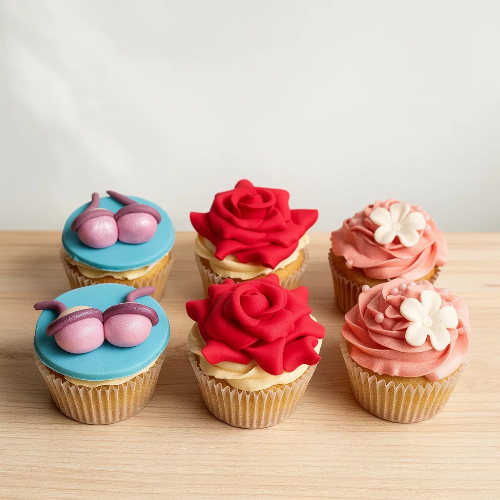 Six vanilla cupcakes with blue, red, and pink floral-themed fondant and buttercream decorations arranged on a wood surface