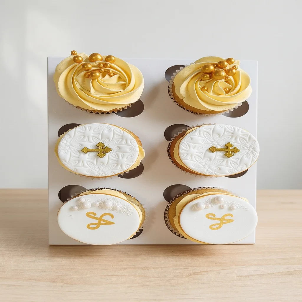 Set of six elegant cupcakes with gold and white decorations including swirls, crosses, and pearls