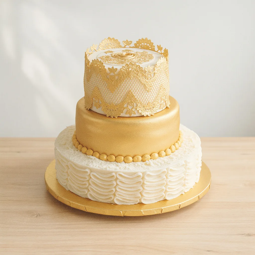 Three-tiered elegant cake with white and gold decorations and intricate gold lace on top tier