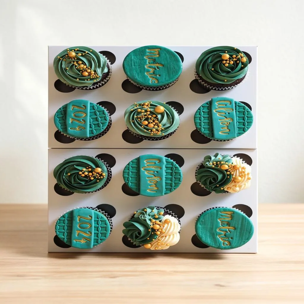 Set of 12 cupcakes with green and gold frosting and teal fondant toppers with gold writing