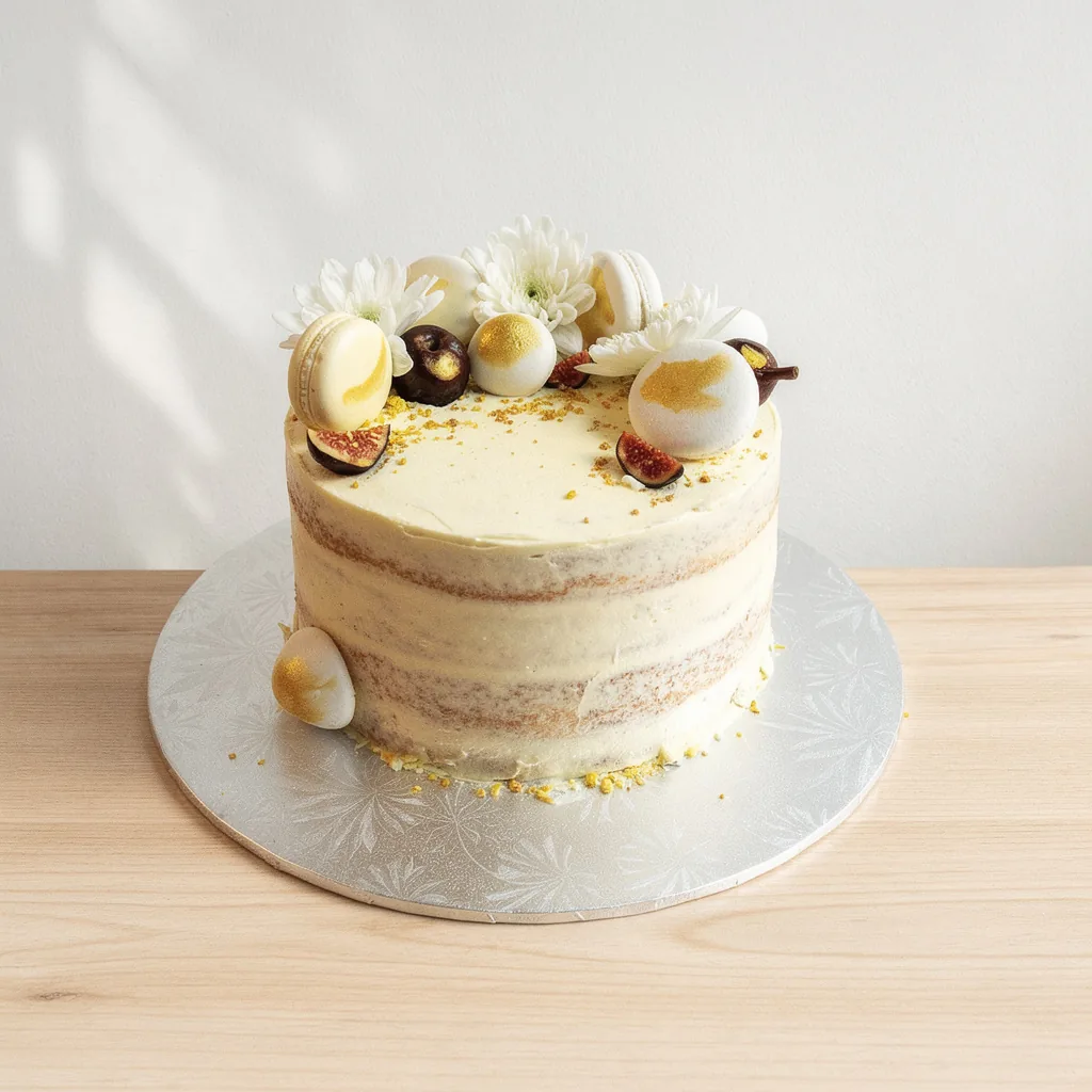 Naked style cake with white cream frosting, decorated with white flowers, figs, macarons and gold dust accents