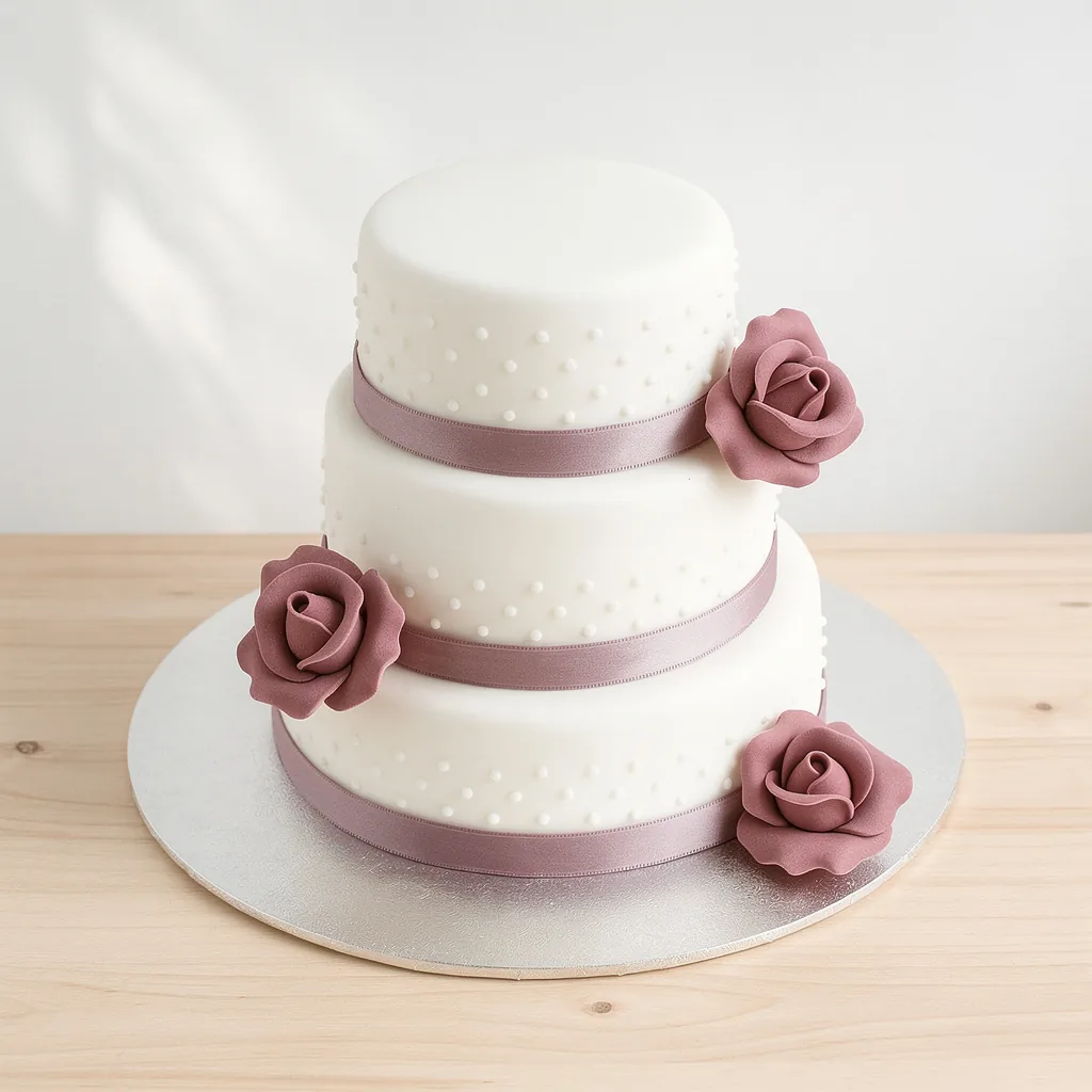 Three-tier white cake decorated with small pearl dots, mauve ribbons, and matching mauve fondant roses