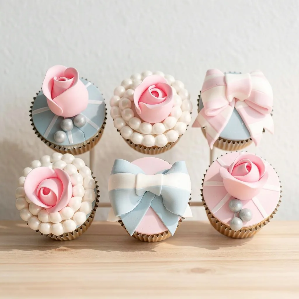 Set of six cupcakes with pink roses, white pearls, and pastel blue and pink bows