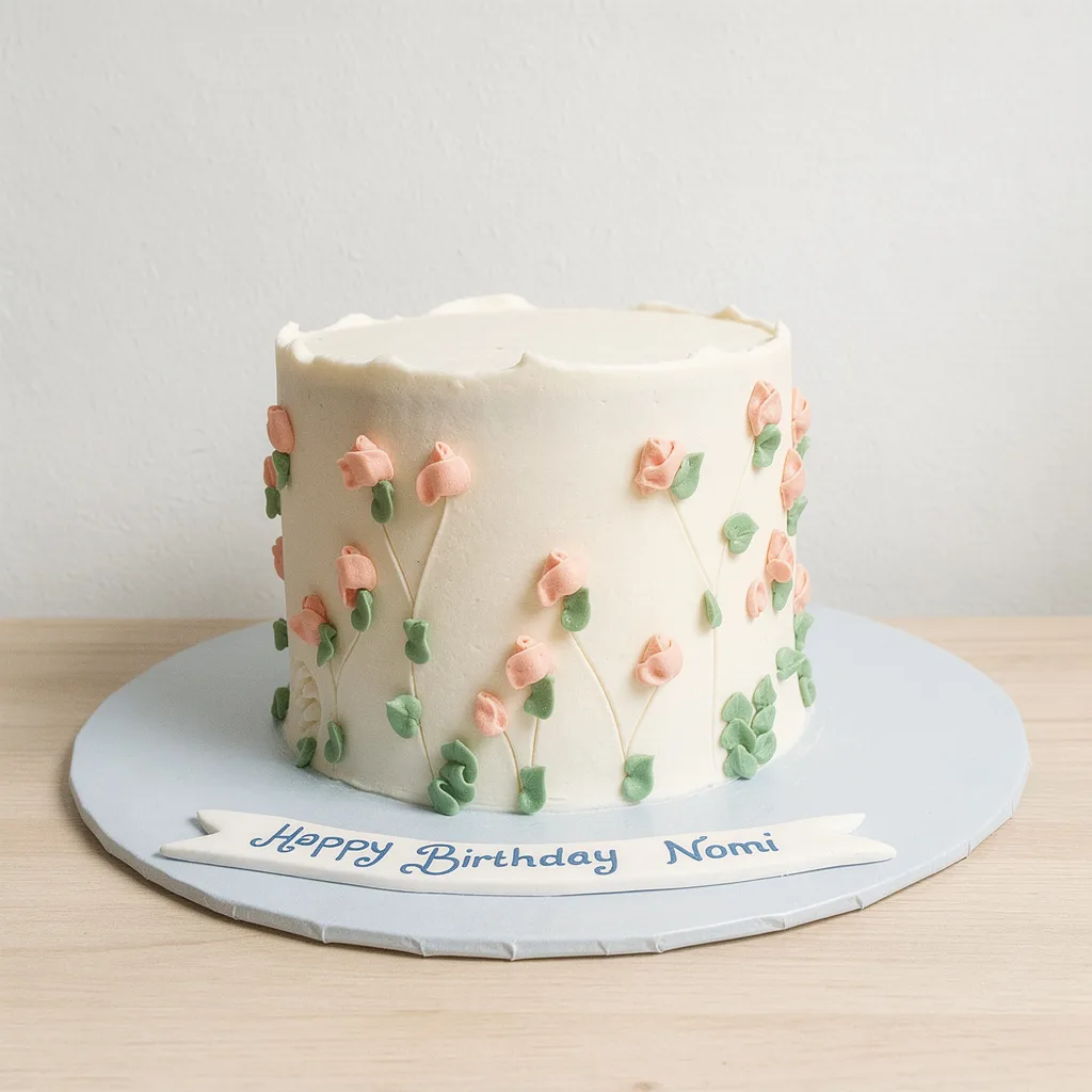 Round white cake decorated with small pink buttercream roses and green leaves