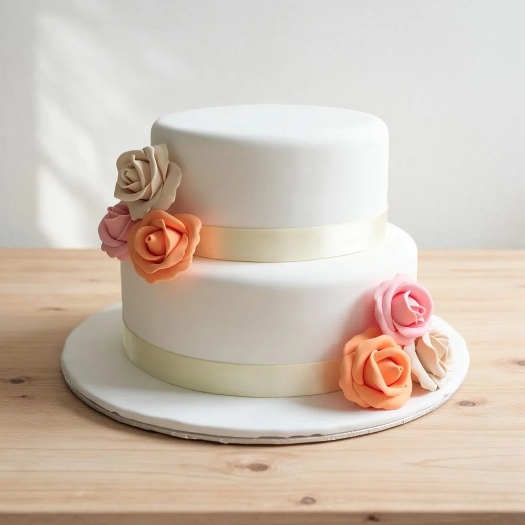 Two-tier white fondant cake decorated with beige, peach, and pink sugar roses and cream ribbons