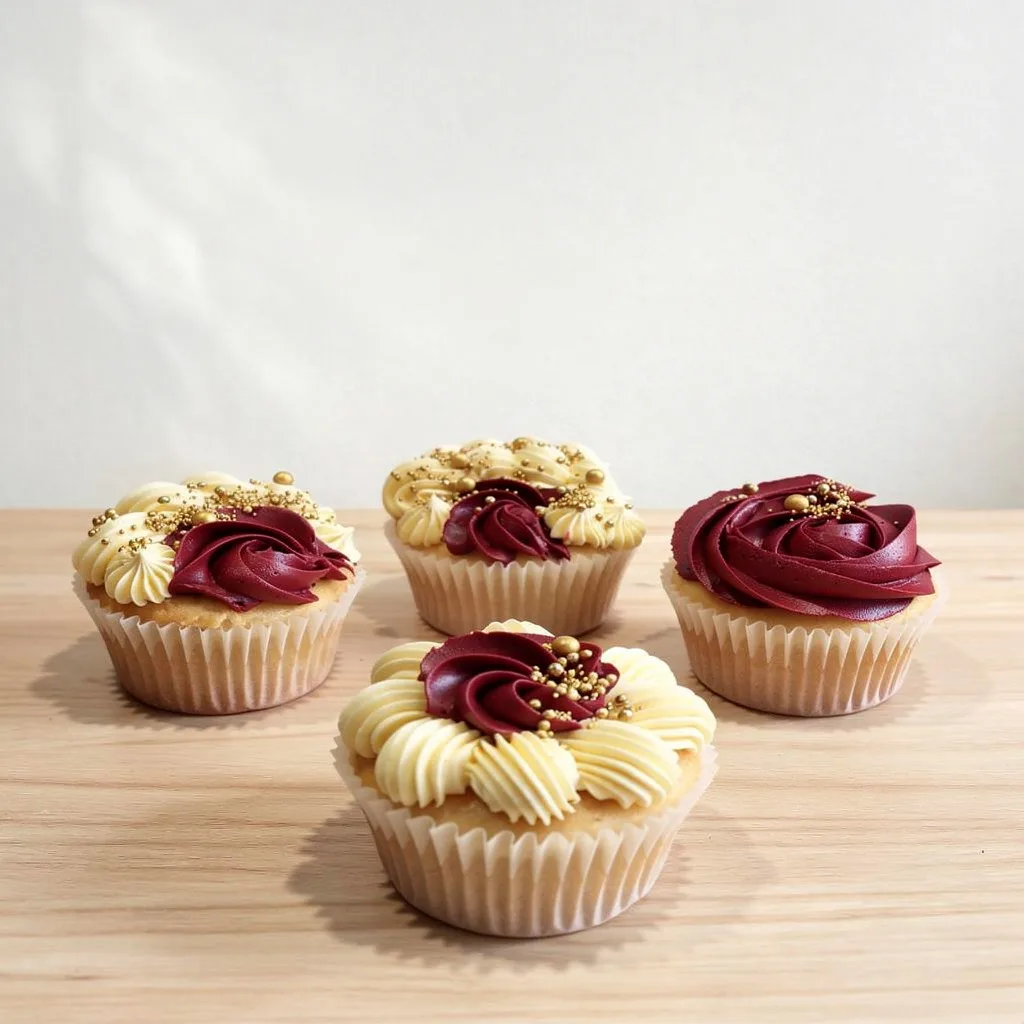 Four vanilla cupcakes with burgundy and cream swirled frosting and gold sprinkles