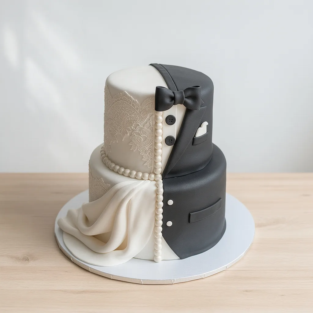 Two-tier cake designed half as a white bridal dress and half as a black tuxedo with bow tie