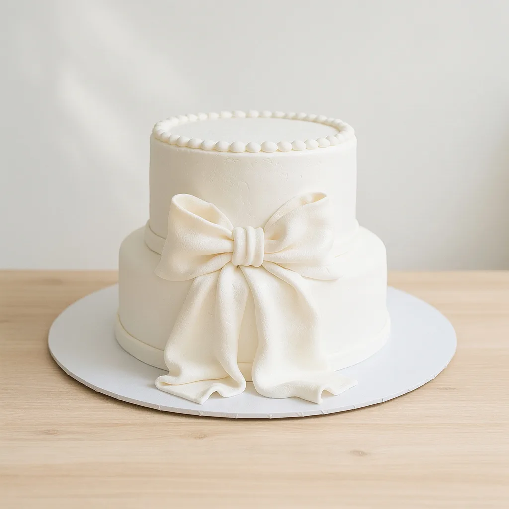 Two-tier white cake with a smooth finish and large fondant bow decoration