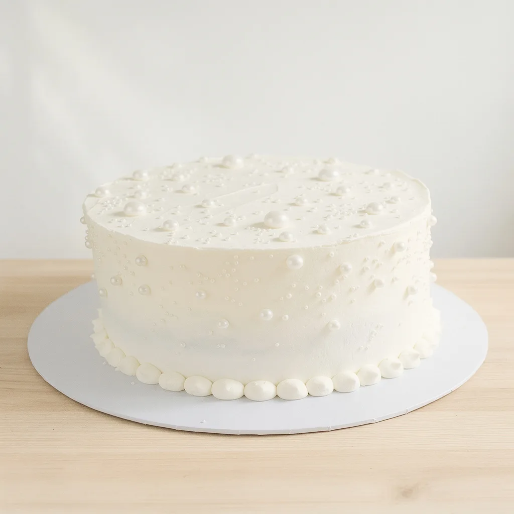 Round white cake decorated with edible white pearls and delicate piped dots