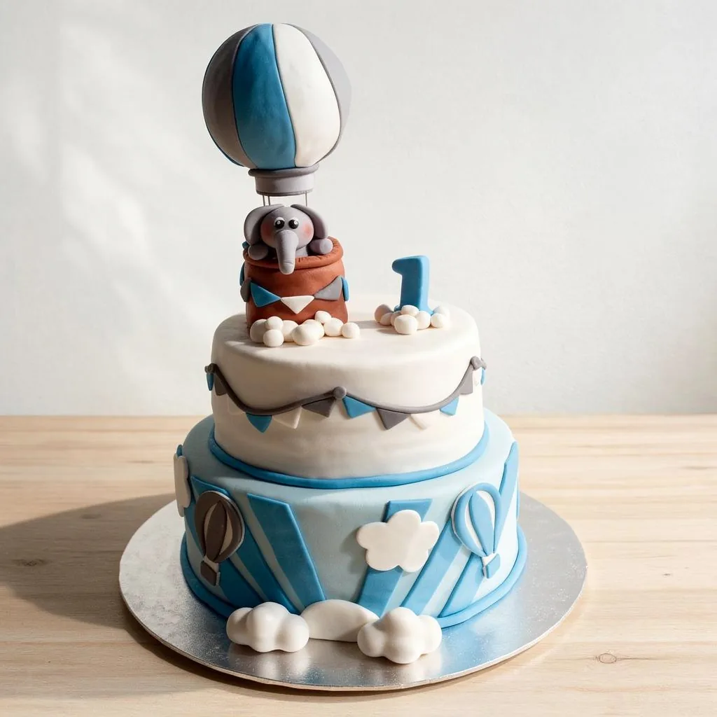 Two-tier blue and white cake with clouds, hot air balloons, and elephant figure in balloon basket