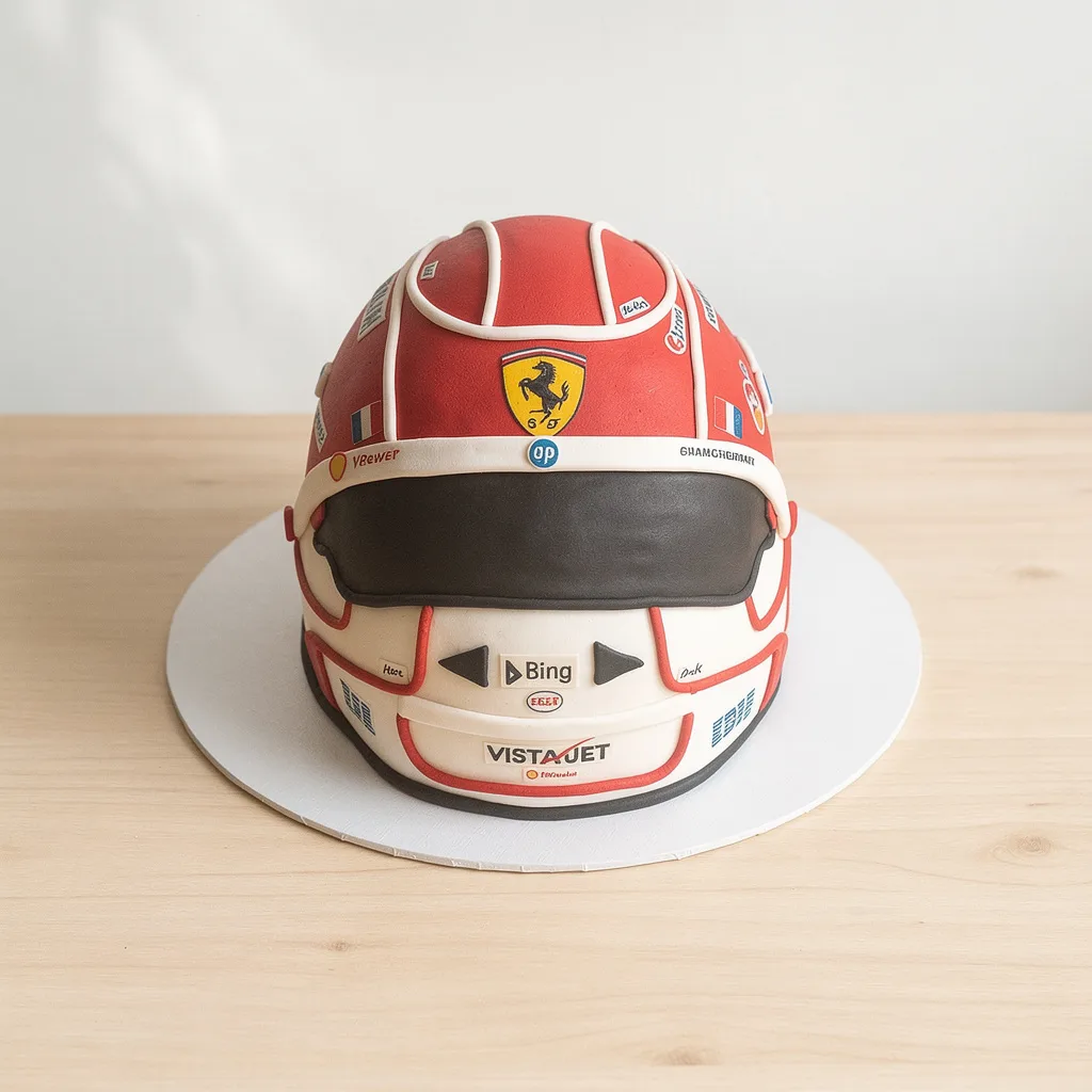 Cake shaped like a red and white Formula 1 racing helmet with various sponsor logos and a visor