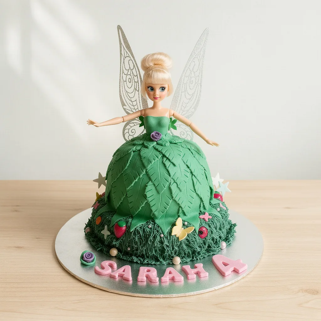 Green fairy doll cake with leaf-patterned dress and detailed wings