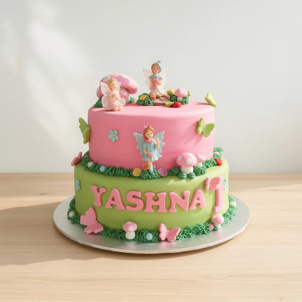 Two-tier cake with pink and green fondant decorated with fairy figurines, mushrooms, butterflies and flowers